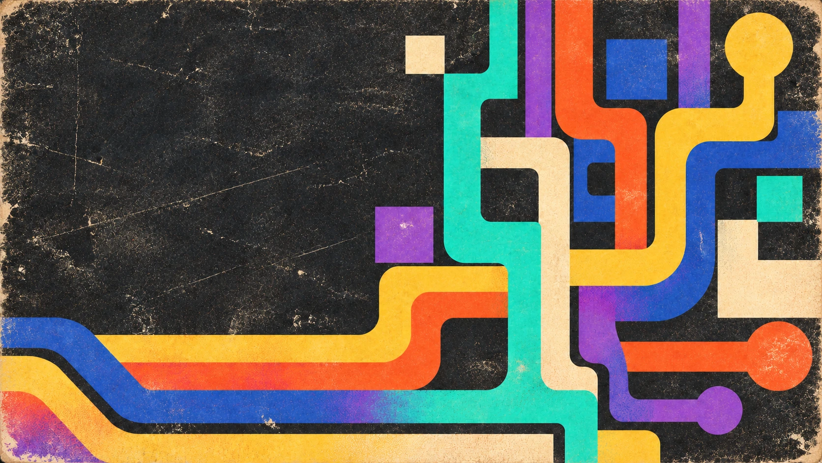 Distressed retro artwork with colorful interconnecting tracks
